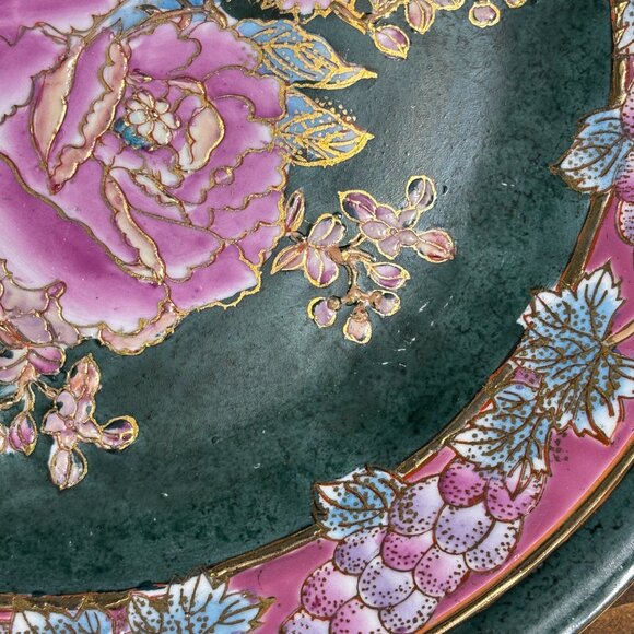 Vintage Famille Rose Style Plate Pink Peony & Grape Floral Charger for Wall - Picture 6 of 11